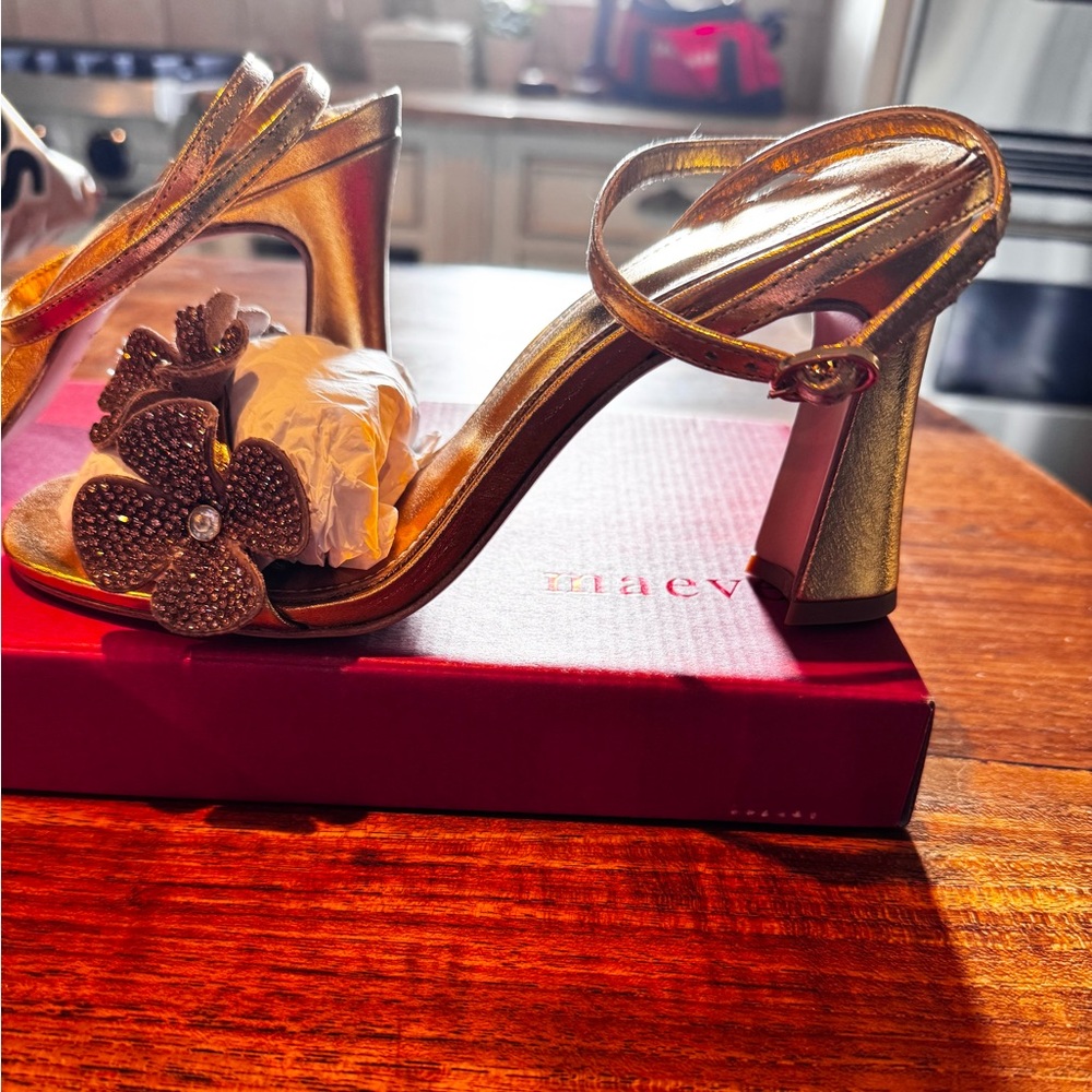 Anthropologie: Maeve Gold Strappy Heels with Floral Embellishments - NWT